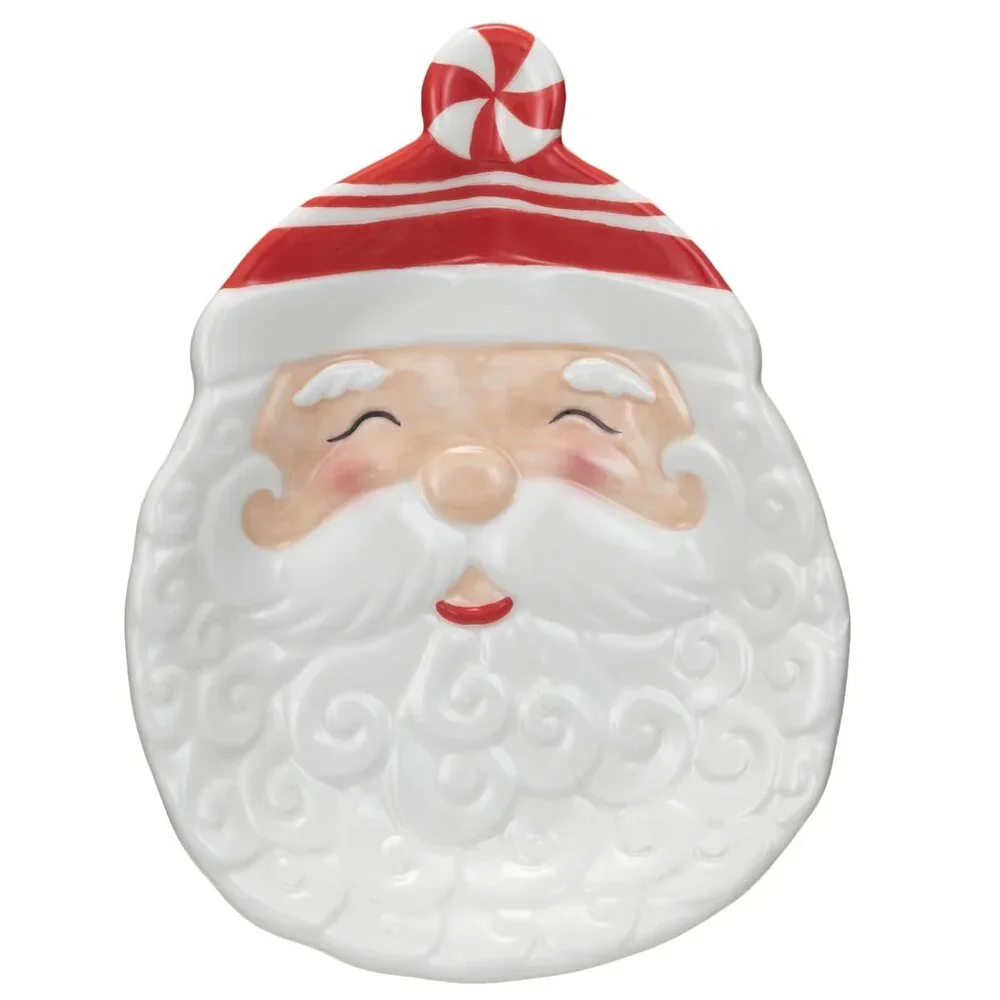 Creative Co-Op Hand-Painted Ceramic Santa Shaped Plate/NIB